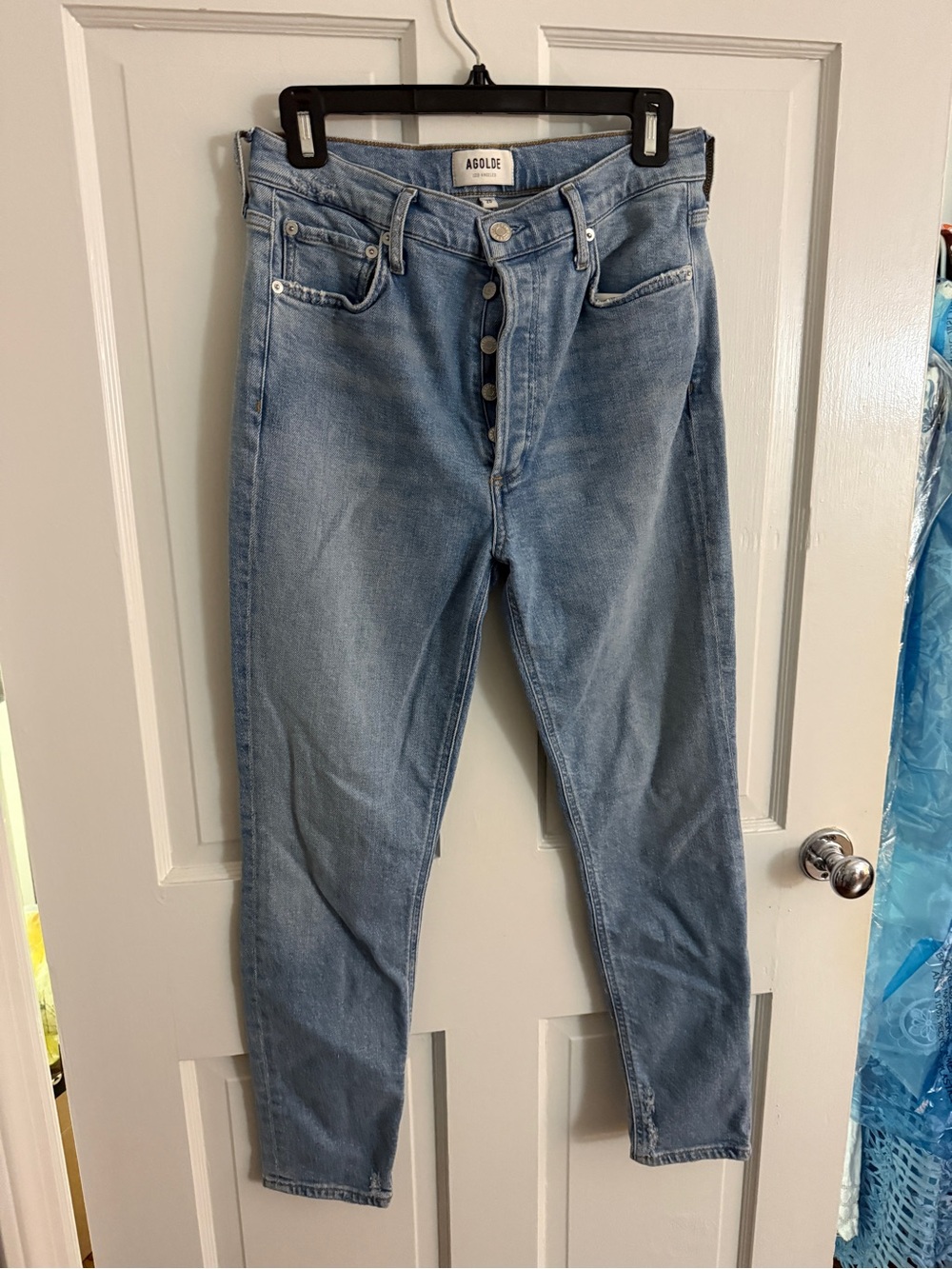 Agolde Light Blue High-Rise Skinny Jeans with Button-Fly